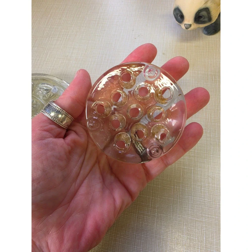 Vintage Clear Glass Flower Frog Set 2 Round Multi Hole Floral Arranger Inserts